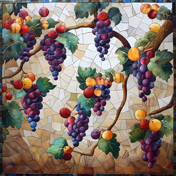 An art piece showcasing grapes and apples on a grapevine, highlighting the beauty of natural foods. The intricate pattern is displayed within a rectangle frame