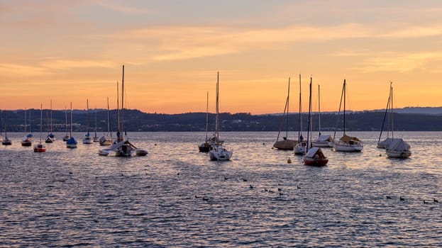 Bodensee Lake Sunrise Panorama. Morning Sunlight Over Tranquil Waters. Witness the mesmerizing dawn over Germany's Bodensee Lake, captured from a boat dock. Embrace the tranquil beauty of the early morning as the sun rises, casting a soft glow on the landscape. The peaceful scene features boats, yachts, and a charming water shack set against a backdrop of a captivating sky. Clouds delicately reflect on the calm water, creating a serene atmosphere. Immerse yourself in the serene beauty of a lakeside sunrise. Explore the harmony of nature, technology, and production as the day unfolds by the lake.