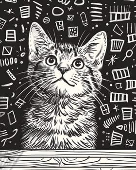 Monochrome drawing of a Felidae carnivore, a small to mediumsized cat, in grey and blackandwhite colors on a chalkboard. Rectangle shape with whiskers and snout details