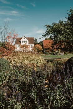 House with nice garden in fall. Flowers in the Park. Bietigheim-Bissingen. Germany, Europe. Autumn Park and house, nobody, bush and grenery