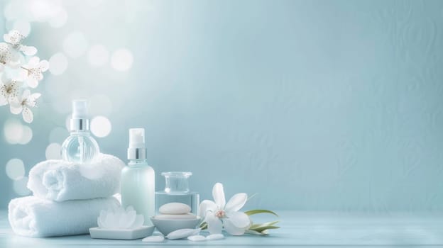 A blue background with a white flower and a white towel. There are three bottles of lotion and two bottles of perfume on the table