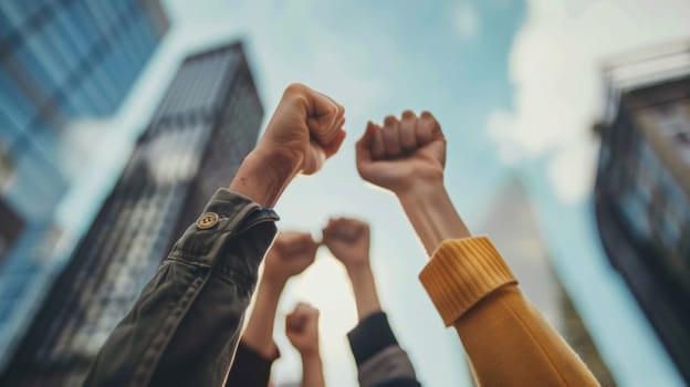 A group of people are standing together and raising their fists in the air. Concept of unity and solidarity among the group