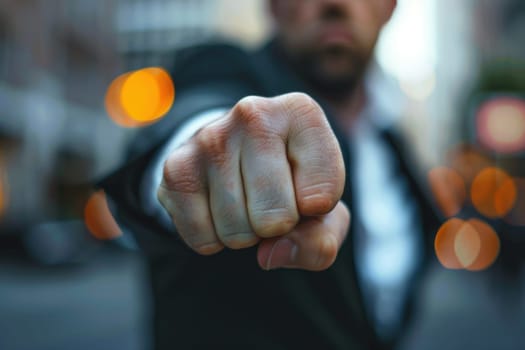 A man in a suit is punching the air.