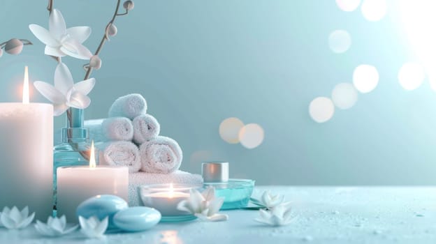 A blue background with a white flower and a white towel.