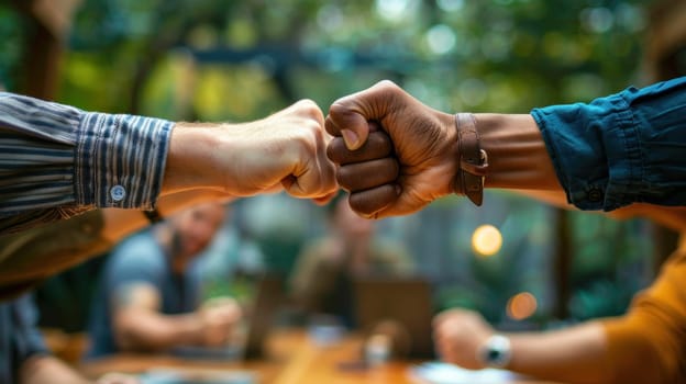 Two people fist bumping each other in a group of people. The group is sitting around a table with laptops and a clock