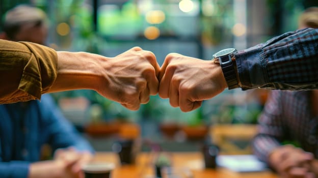 Two people fist bumping each other in a group of people.