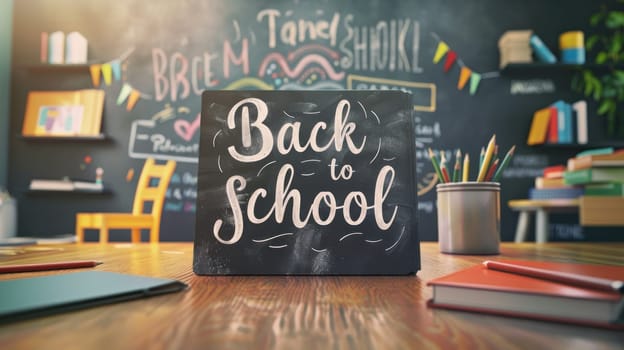 A chalkboard with a Text Back to school with books and pencils over chalkboard background..