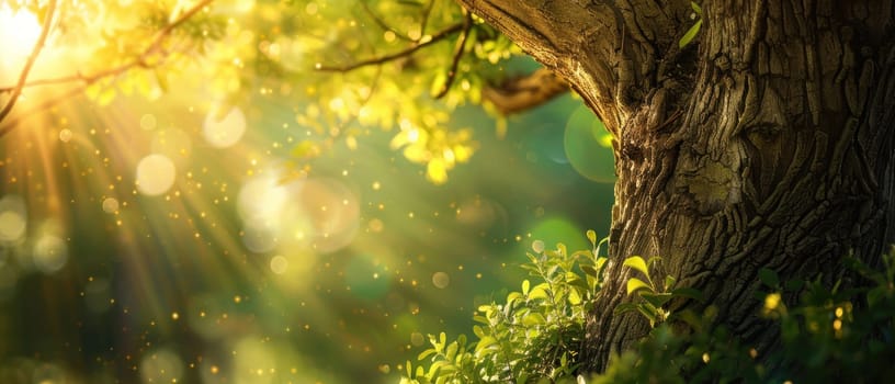 A tree with leaves and a trunk is in the sunlight. The sunlight is shining on the tree and creating a beautiful, serene atmosphere