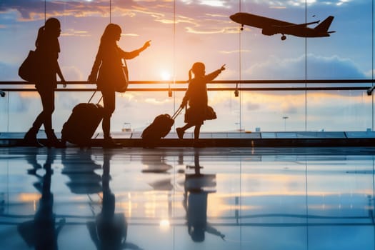 A family of three is walking through an airport with luggage.