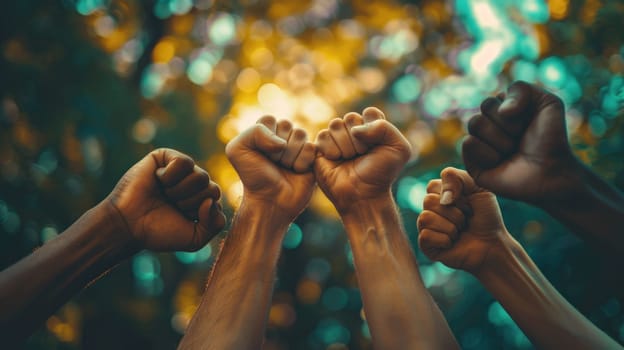 A group of people are standing together and raising their fists in the air.