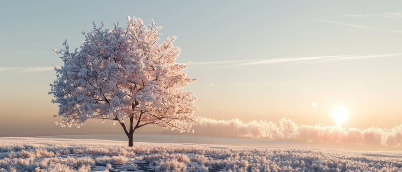 A tree covered in snow stands in a field. The sky is blue and the sun is setting