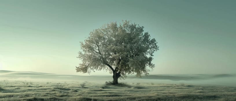 A large white tree stands alone in a snow-covered field.