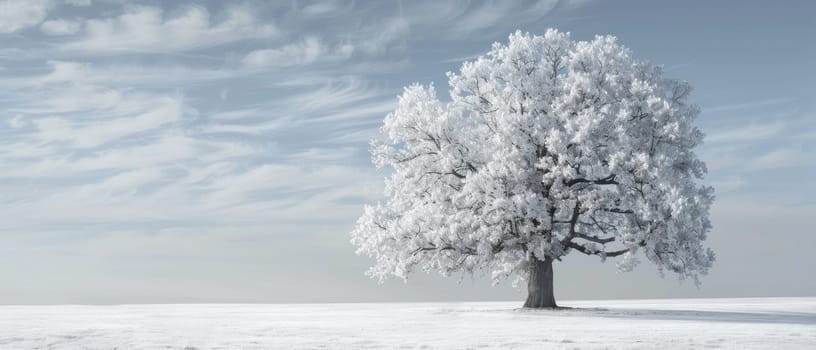A large white tree stands alone in a snow-covered field. Concept of solitude and tranquility, as the tree stands as a lone figure against the vast, empty landscape