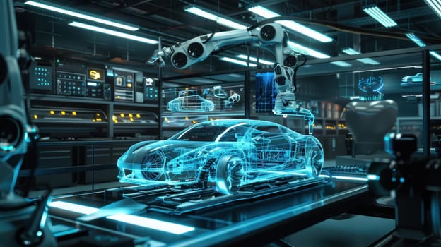 A futuristic car is being built in a factory. The car is made of a combination of metal and plastic, and it is being assembled by a robot. The robot is surrounded by several other robots