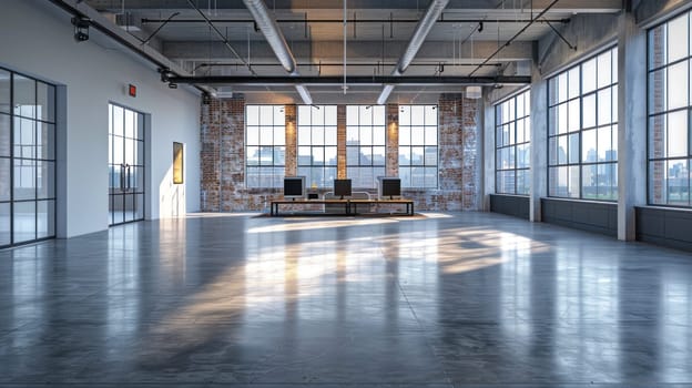 A large, empty room with a view of a city skyline.