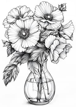 A monochromatic illustration featuring a flowerfilled vase. The intricate details of the petals and leaves showcase the beauty of nature captured in black and white art