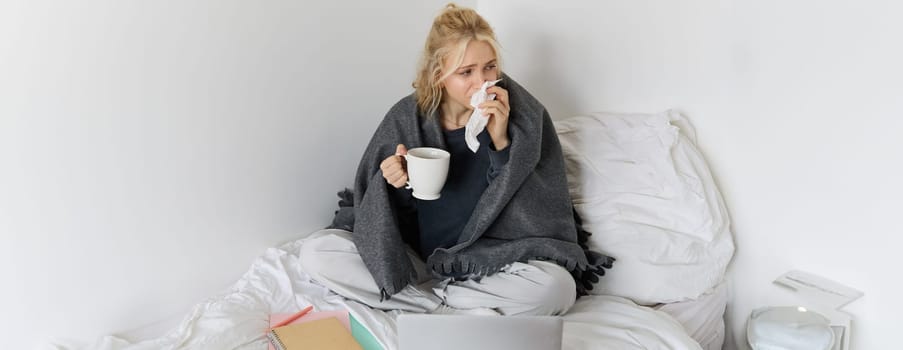 Portrait of young woman sitting at home sick, feeling unwell, drinking tea, spending time in bed, has runny nose, working on laptop.