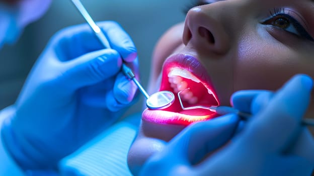 A woman is having her teeth examined by a dentist in a mouth care setting. Her electric blue nails add a fun touch to the scene