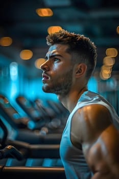 A basketball player is wearing sportswear and a tshirt while running on a treadmill in the gym, preparing for a competition event