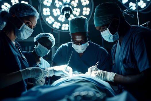 Photo of a Africa male doctor performing surgery in an operating room. Generative AI.