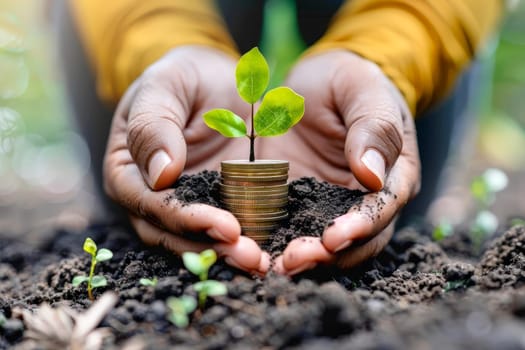 hand holding money savings filled with coins and growing plant for sustainable financial planning for retirement or eco subsidy investment for environment protection , Generative AI.