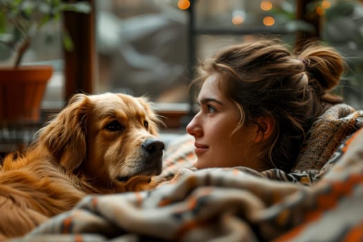 A woman talking beloved pet dog at home . best friend, friendship concept, Generative AI.