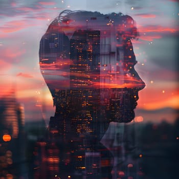A stunning double exposure captures a mans head against a city skyline at dusk, with clouds and atmospheric phenomenon creating a surreal atmosphere