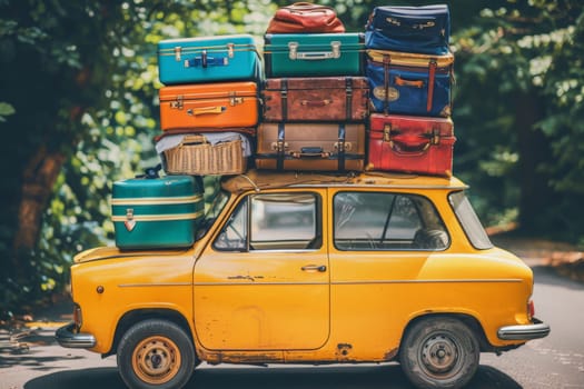 A car full of suitcases and bags to go on summer vacation, Road trip summer vacation.