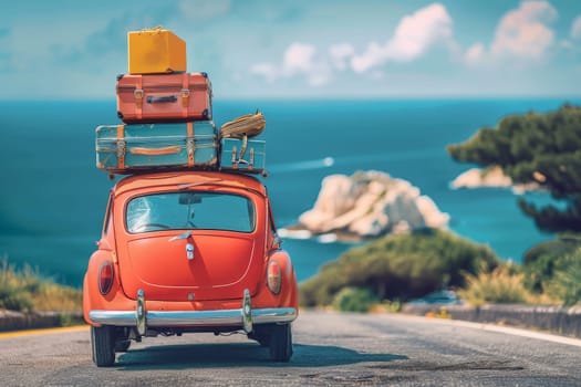 A car full of suitcases and bags to go on summer vacation, Road trip summer vacation.