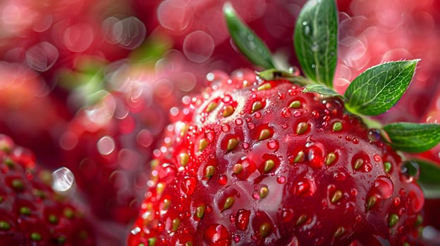 A close up of a ripe strawberry glistening with water drops showcases the natural beauty of this seedless fruit, a juicy and flavorful ingredient in many dishes