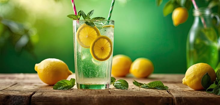 Lemonade, wooden surface, green background: Served chilled, natural light enhancing freshness, evokes sense of summer refreshment.