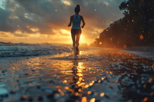World Running Day. A girl runs along the beach at sunset.