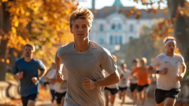 World Running Day. A group of people are running in nature.