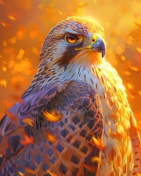 A stunning painting of an Accipitridae Hawk with fiery orange background. The Falconiformes birds beak and feather details are beautifully captured