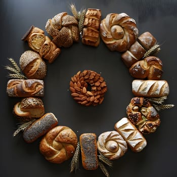 An assortment of breads surrounds a black surface, resembling a circle. Each bread variety represents a different type of jewelry making material like metal, wood, or beads