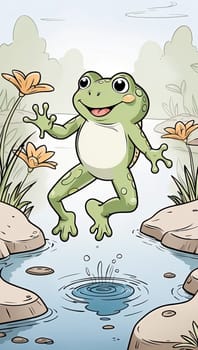 Frog jumping out of the water. Vector illustration of a cartoon toad. Generative AI.