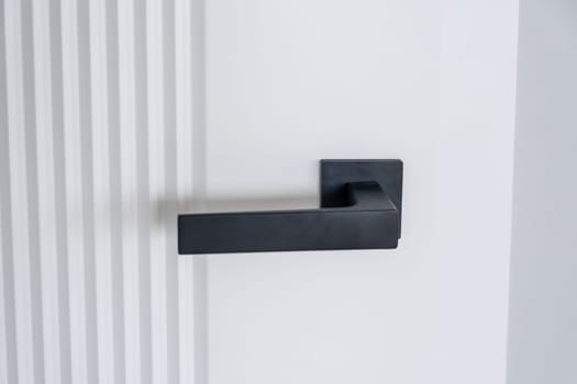 Modern black door handle on white wooden door in interior. Knob close-up elements. Door handle, fittings for interior design. Element of interior design