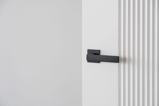 Modern black door handle on white wooden door in interior. Knob close-up elements. Door handle, fittings for interior design. Element of interior design