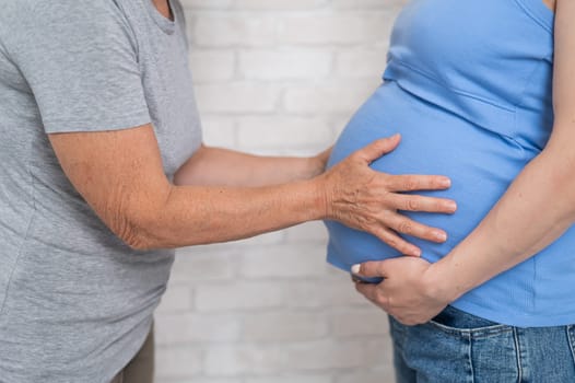 An elderly woman touches the belly of her pregnant daughter. Close-up