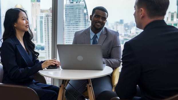 Ornamented office overlooking city skyline, diversity corporate professional discuss ambitious business expansion or strategic marketing. Financial advisor give consulting business insights and idea