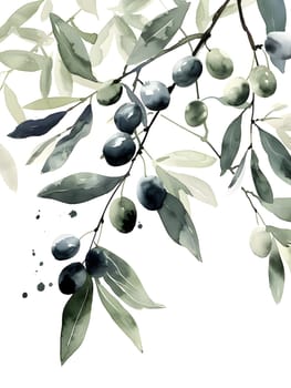 A watercolor painting depicting olives hanging from a branch of a fruitproducing tree