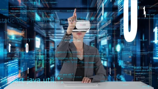 IT developer typing computer code for analyzing intelligent website development coder system data selection by VR innovation interface digital network technology visual hologram server. Contraption.