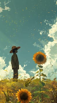 A man wearing a hat is standing in a field of bright sunflowers, surrounded by the vibrant colors of nature. The sky is clear with fluffy clouds, creating a picturesque natural landscape