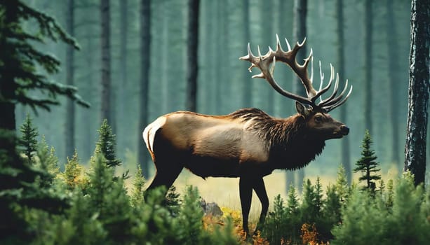 A deer with big antlers wanders in the forest. High quality photo