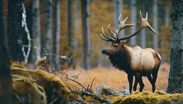 A deer with big antlers wanders in the forest. High quality photo