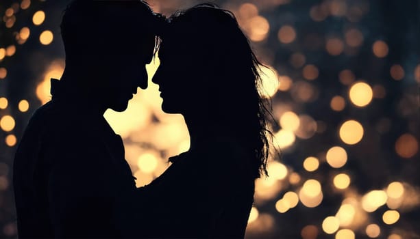Silhouette of a couple in evening lighting. Bokeh. Generative AI. High quality photo