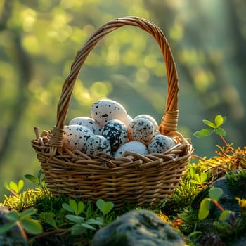 A storage basket made of wicker filled with eggs is placed on a rock in a natural setting. The basket sits among grass and twigs, creating a picturesque scene ideal for a picnic
