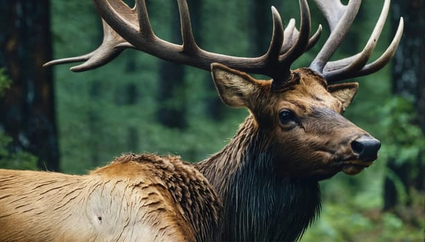 A deer with big antlers wanders in the forest. High quality photo