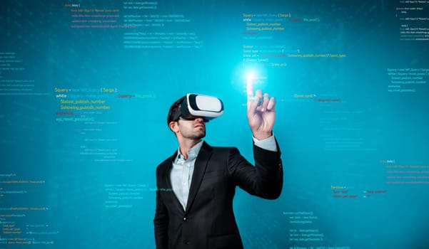 Caucasian business man analyze financial data by using VR headset to enter metaverse. Skilled project manager coding engineering prompt or programing system and planning marketing strategy. Deviation.