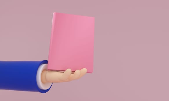 A 3D illustration depicting a cartoon hand in a blue sleeve presenting a plain pink book against a soft background.